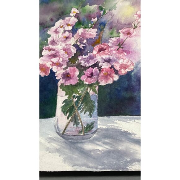 2 sided Watercolor Painting Flowers Vase Scenic Covered Bridge Landscape READ - Picture 4 of 11